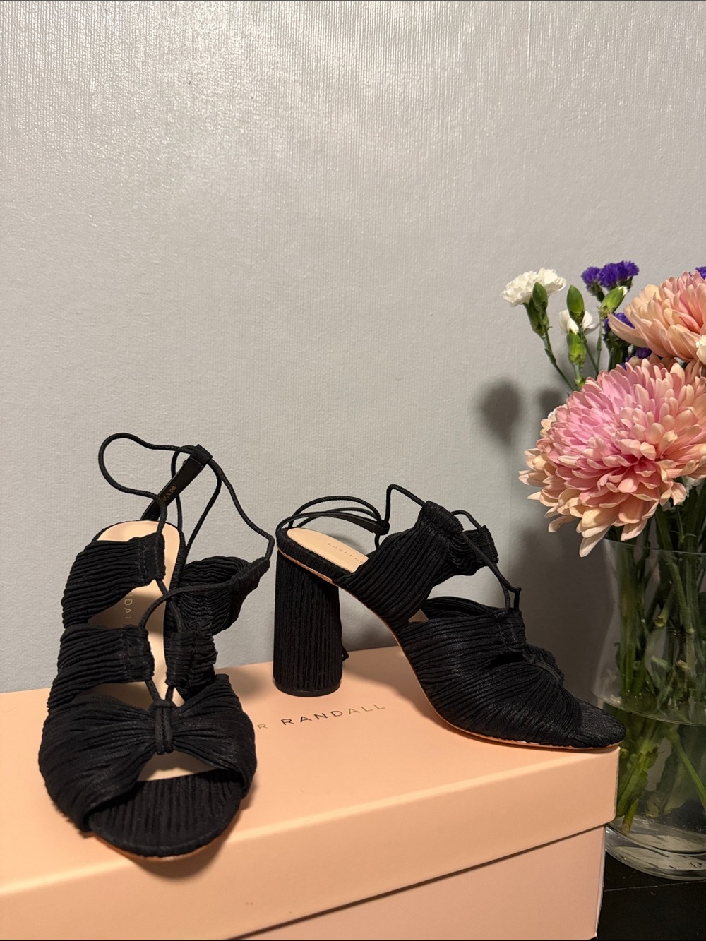 Women’s Black Ruched Block Heel Sandals with Ankle Tie